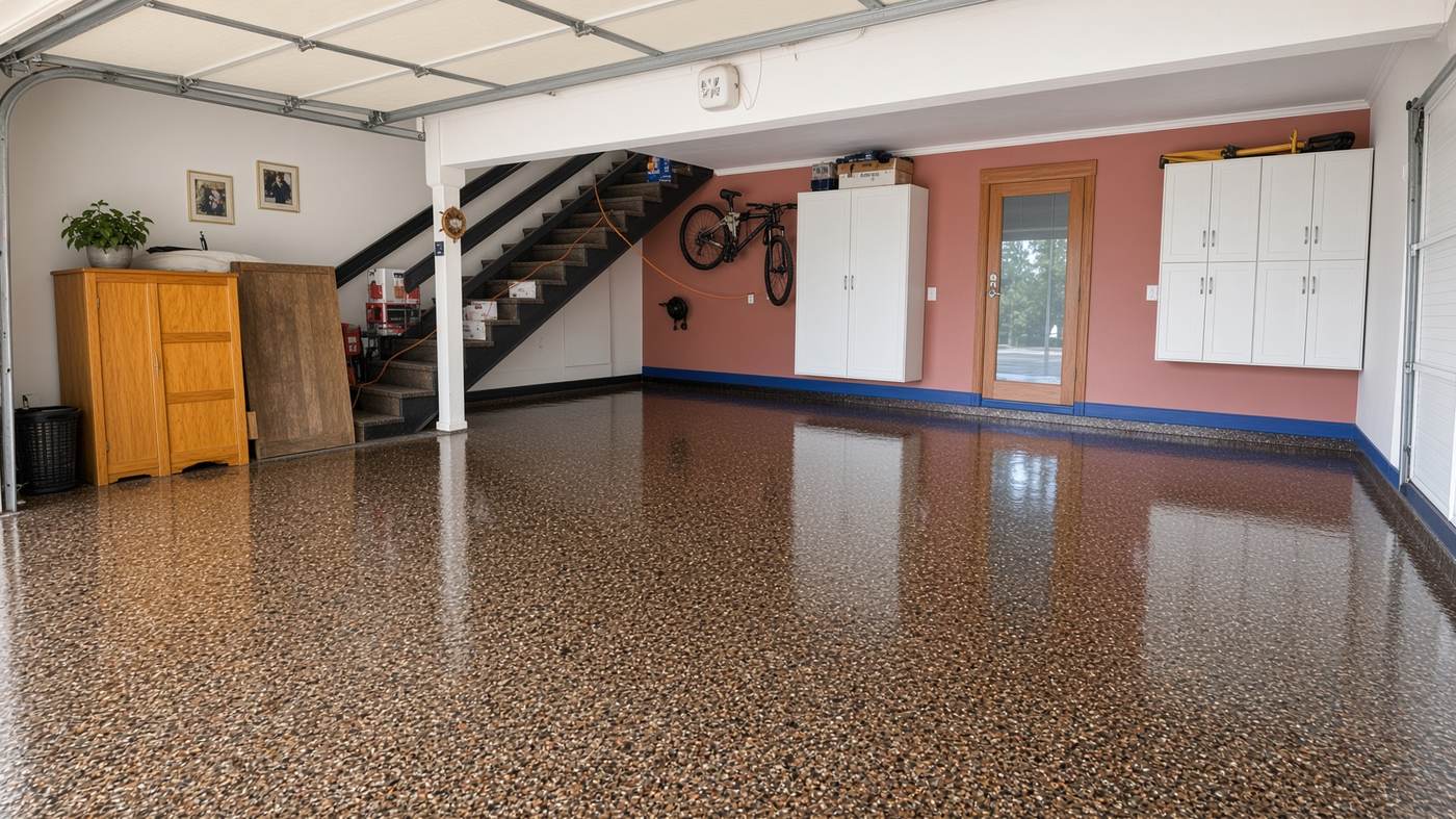 Bronze flake epoxy garage floor