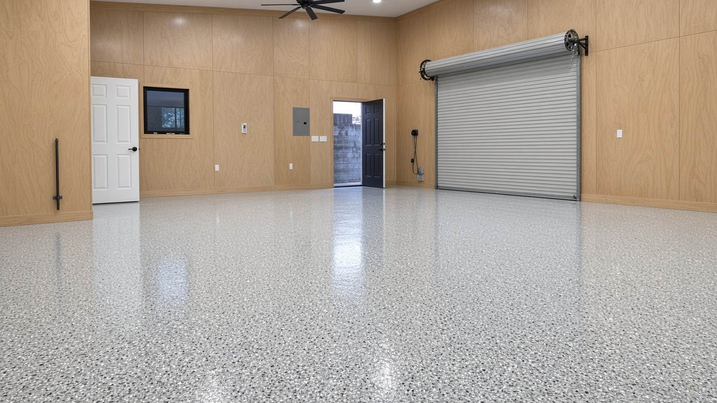Bright flake epoxy shop floor with roll-up door