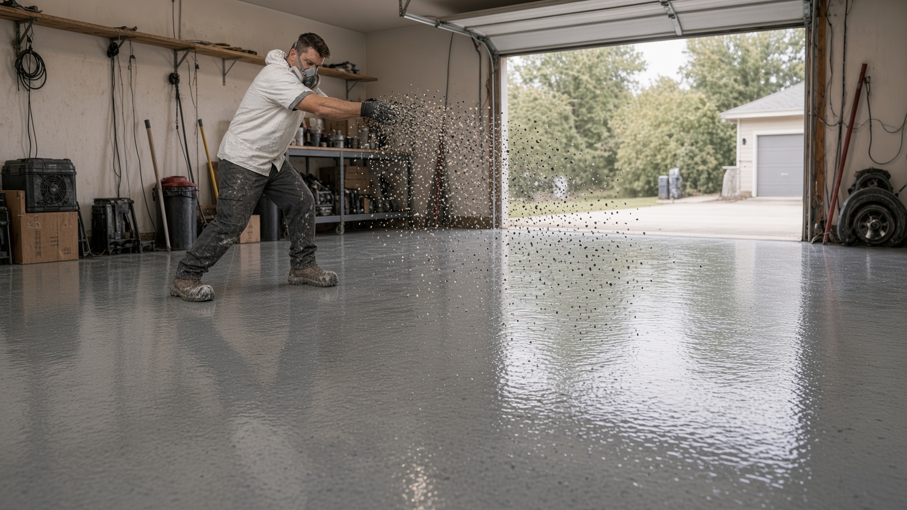 William broadcasting flake on a fresh epoxy garage floor